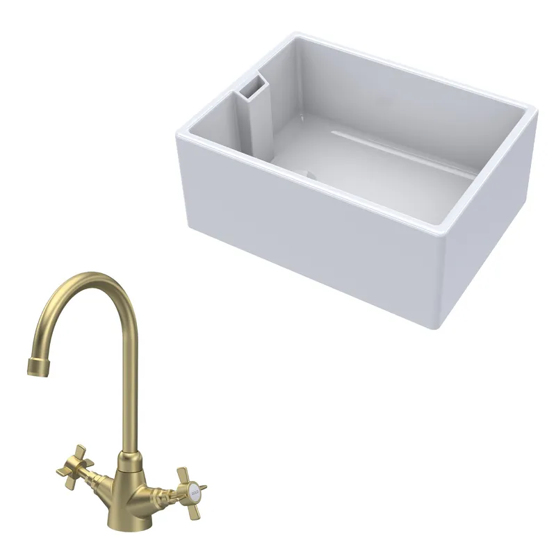 Balterley Fireclay 1 Bowl Belfast Sink Tap Brushed Brass 615mm in White White