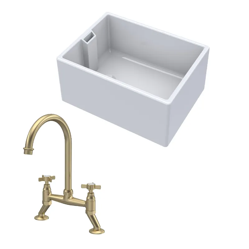 Balterley Fireclay 1 Bowl Belfast Sink Tap Brushed Brass 615mm in White White