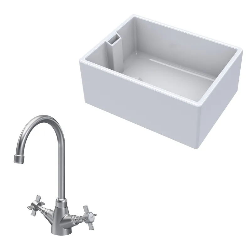 Balterley Fireclay 1 Bowl Belfast Sink Tap Brushed Nickel 615mm in White White