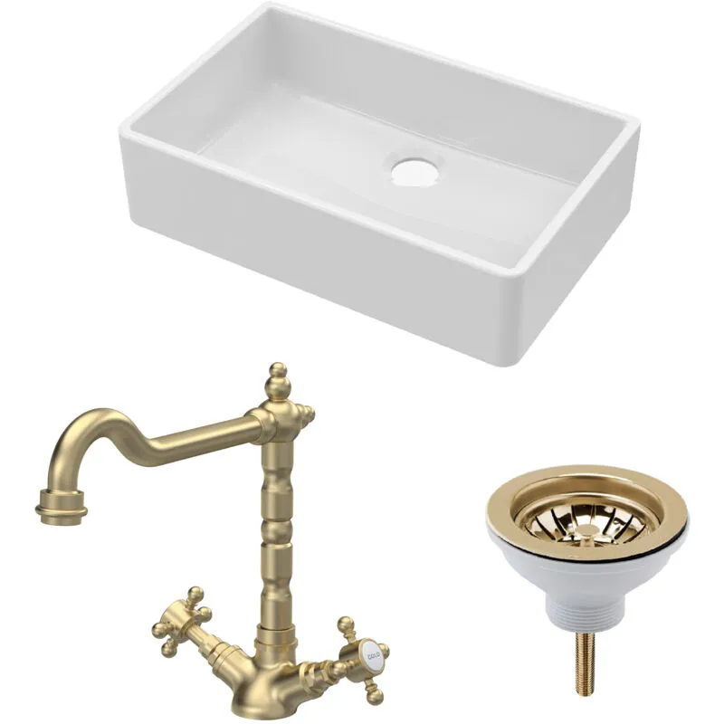 Balterley Fireclay 1 Bowl Butler Sink Waste Classic Tap Brushed Brass 795mm in White White