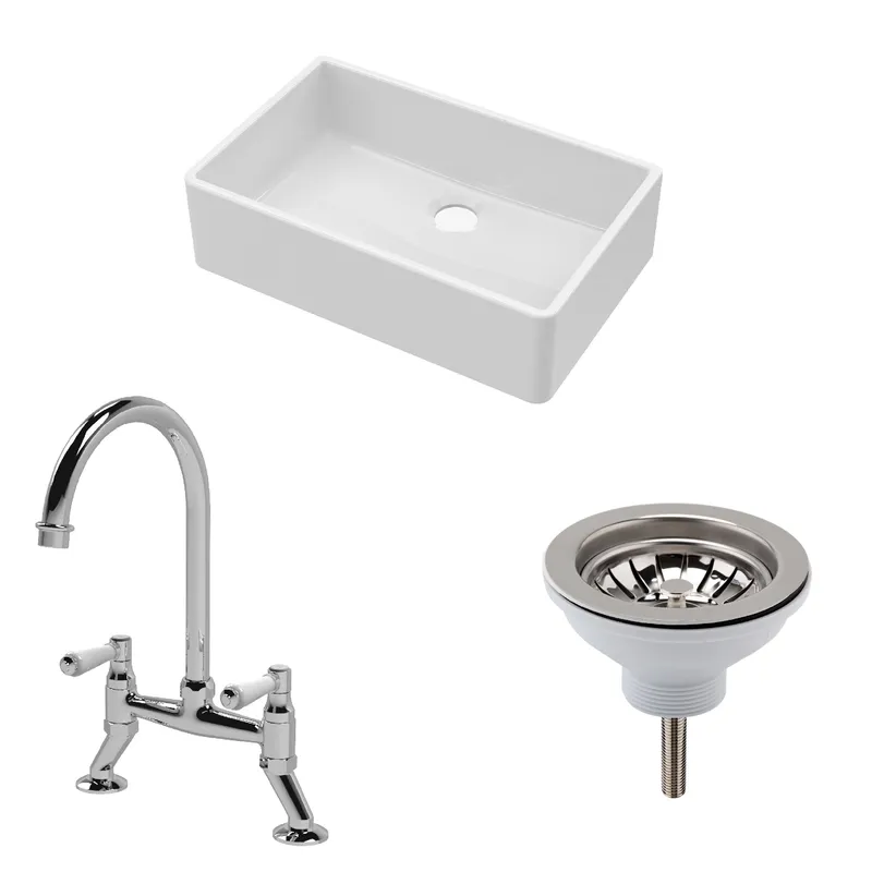 Balterley Fireclay 1 Bowl Butler Sink Waste Mixer Tap 795mm in White White