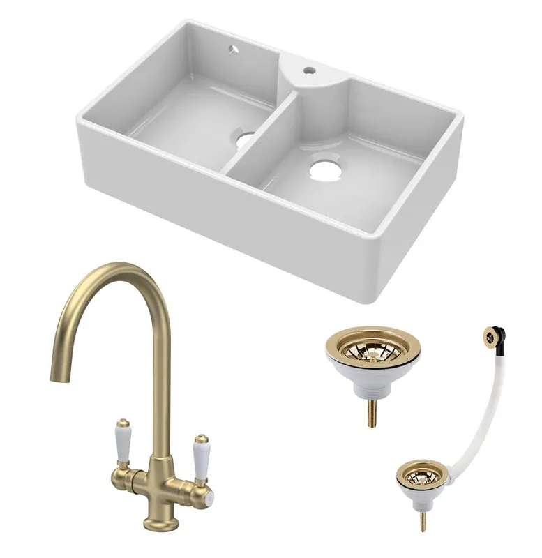 Balterley Fireclay 2 Bowl 1 Tap Hole Butler Sink Tap Hole Wastes Tap 895mm in White White