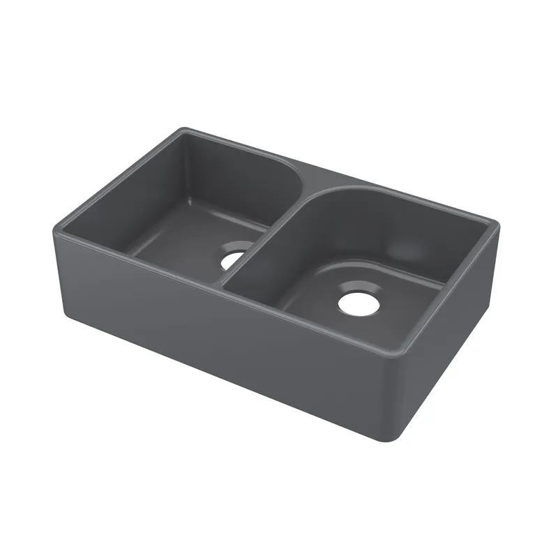 Balterley Fireclay 2 Bowl Butler Kitchen Sink Full Weir Dark Grey 795x500mm Grey