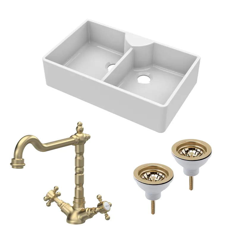 Balterley Fireclay 2 Bowl Butler Sink 2 x Wastes Tap 895mm in White White