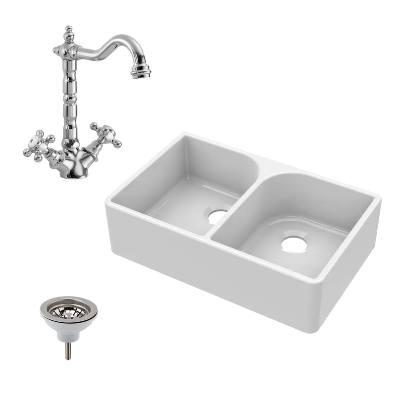 Balterley Fireclay 2 Bowl Full Weir Butler Sink Tap Waste 795mm in White White