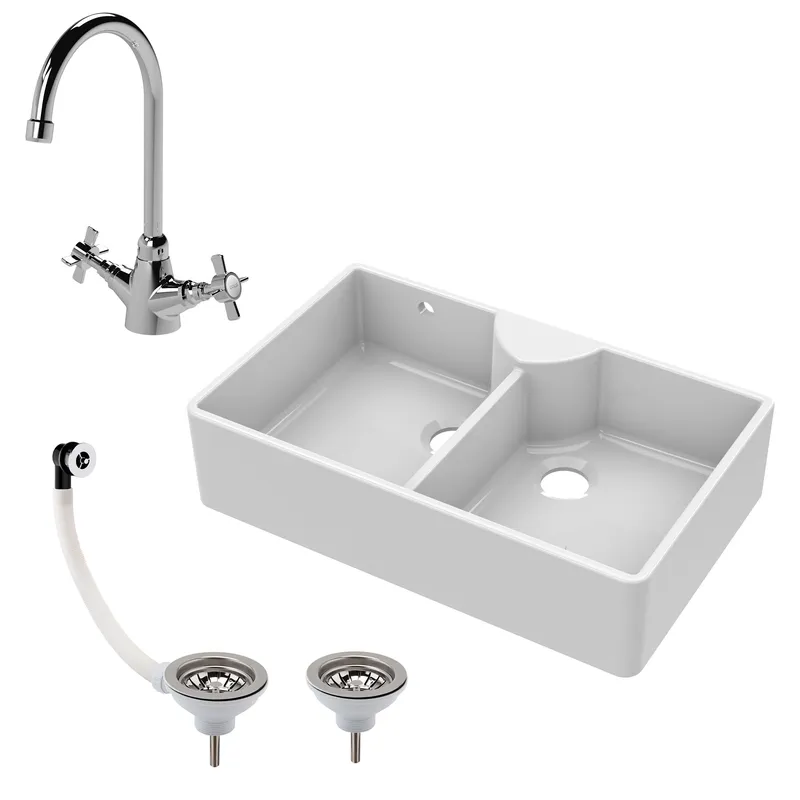 Balterley Fireclay 2 Bowl Stepped Weir Butler Sink Overflow Tap Waste 895mm in White White
