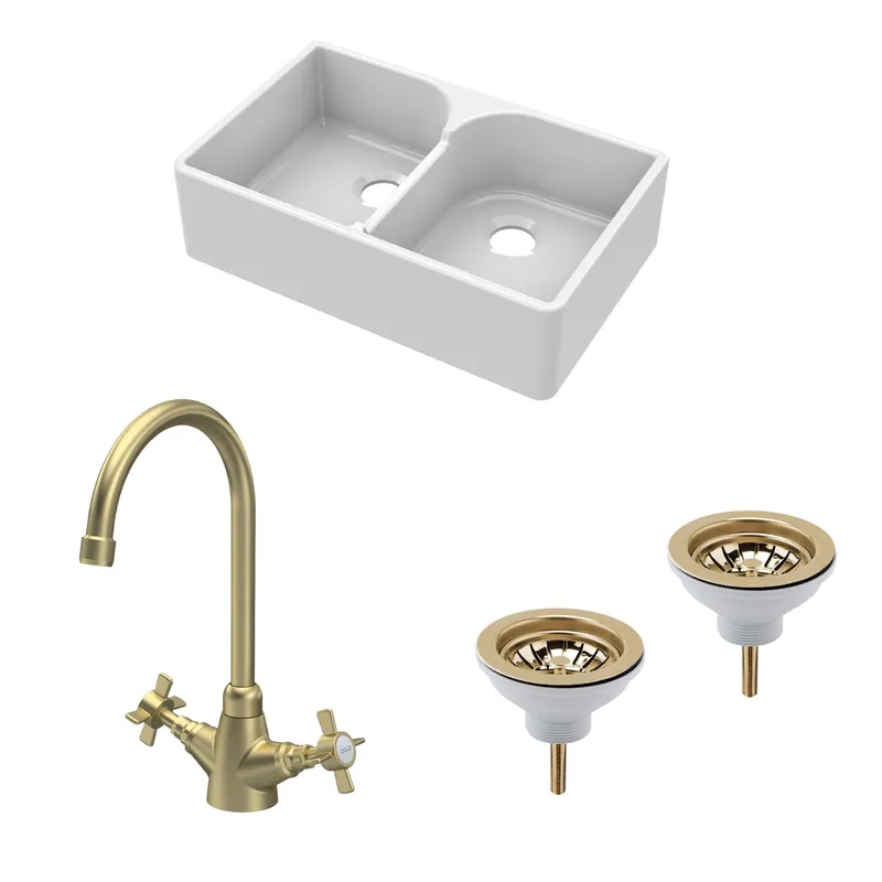 Balterley Fireclay 2 Bowl Stepped Weir Butler Sink Wastes Tap 795mm in White White