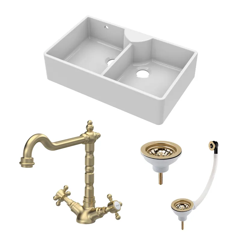 Balterley Fireclay 2 Bowl Stepped Weir Butler Sink Wastes Tap 895mm in White White