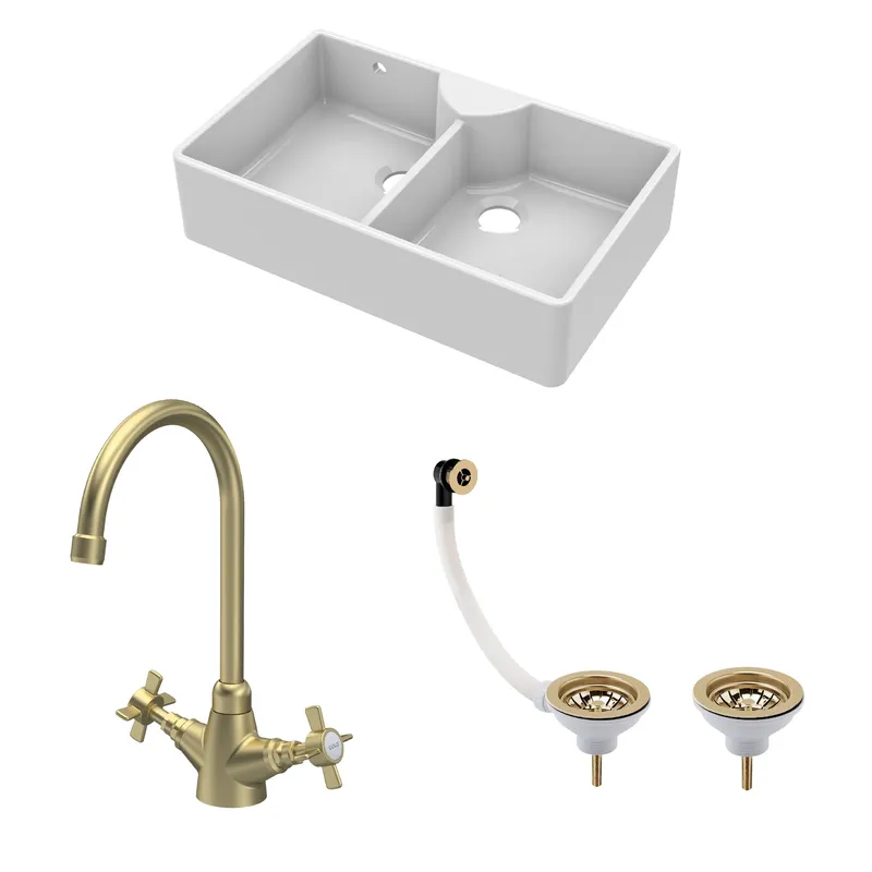 Balterley Fireclay 2 Bowl Stepped Weir Butler Sink WastesTap 895mm in White White