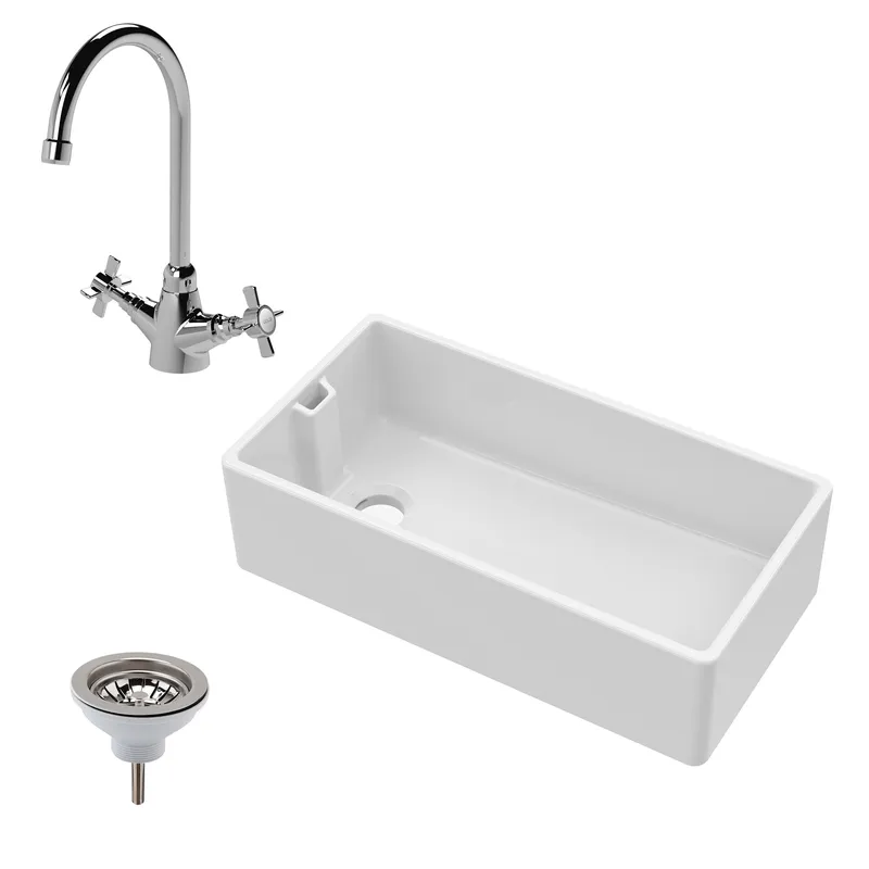 Balterley Fireclay Belfast Sink Overflow Sink Mixer Tap Waste 895mm in White White