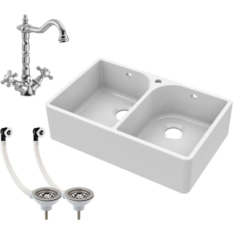 Balterley Fireclay Double Bowl Butler Kitchen Sink - 795mm with Tap Hole, Weir & Waste - Ceramic Belfast Style Kitchen Sink