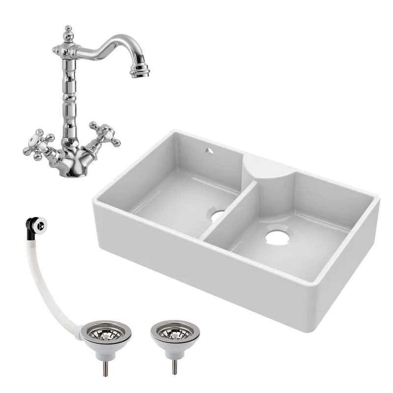 Balterley Fireclay Double Bowl Butler Sink French Classic Tap & Waste 895mm in White White