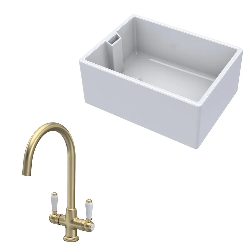 Balterley Fireclay Kitchen Bundle 1 Bowl Belfast Sink Brushed Brass 615mm in White White