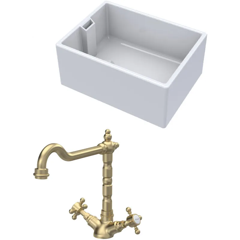 Balterley - Fireclay Kitchen Bundle - Single Bowl Belfast Sink & French Classic Mono Tap, 615mm - Brushed Brass