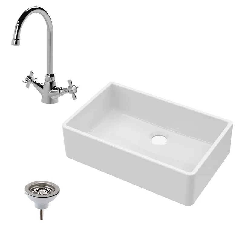 Balterley Fireclay Single Bowl Butler Sink Mono Mixer Tap Waste 795mm in White White