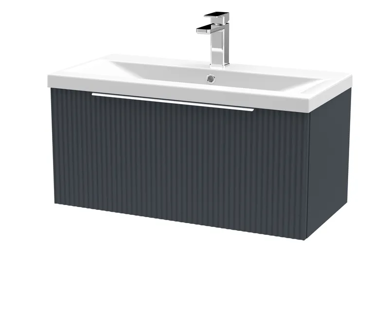 Balterley Fluted Wall Hung 1 Drawer Vanity Basin Unit & Basin 800mm - Dark Grey Grey