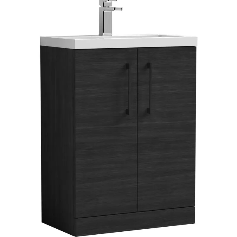 Balterley Level Compact Bathroom Cloakroom Vanity Basin Unit with Ceramic Basin, Black Handles, 600mm, Woodgrain Black
