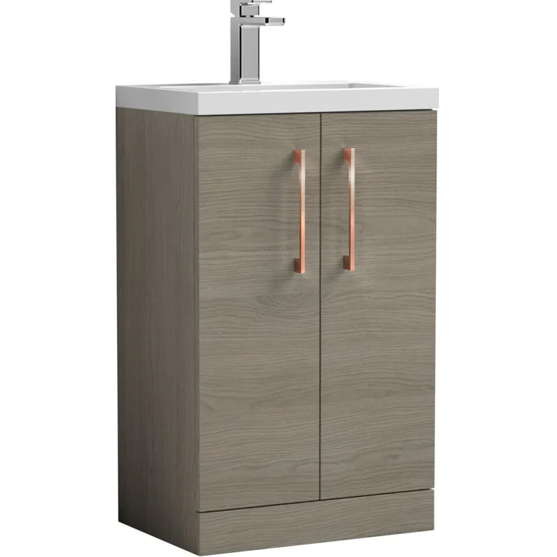 Balterley Level Compact Bathroom Cloakroom Vanity Basin Unit with Ceramic Basin, Copper Handles, 500mm, Mid Oak
