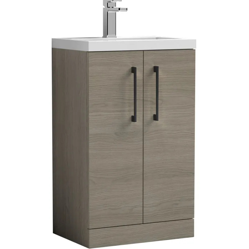 Balterley Level Compact Bathroom Cloakroom Vanity Basin Unit with Ceramic Basin, Black Handles, 500mm, Mid Oak