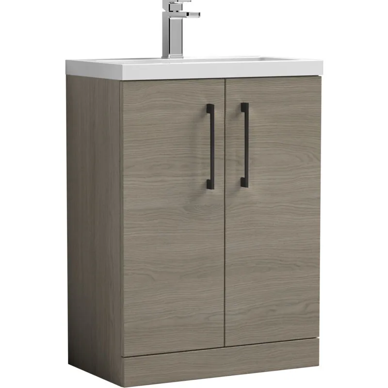 Balterley Level Compact Bathroom Cloakroom Vanity Basin Unit with Ceramic Basin, Black Handles, 600mm, Mid Oak