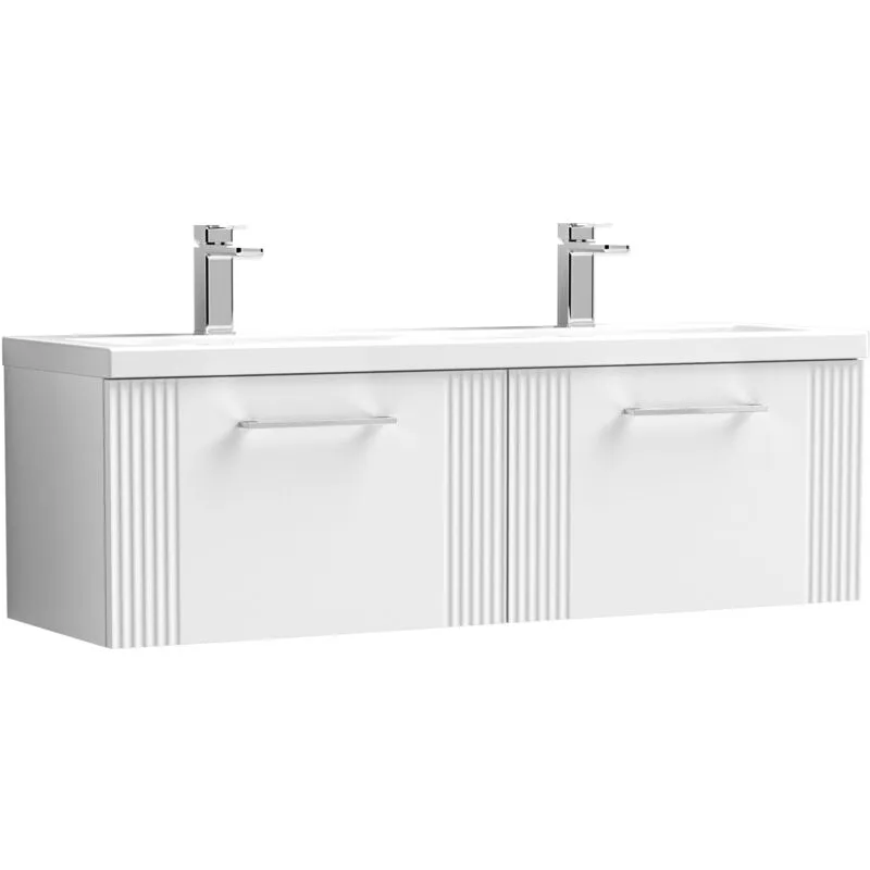 Balterley Partial Fluted 2 Drawer Wall Hung Vanity Unit with Double Ceramic Basin - 1200mm - Satin White