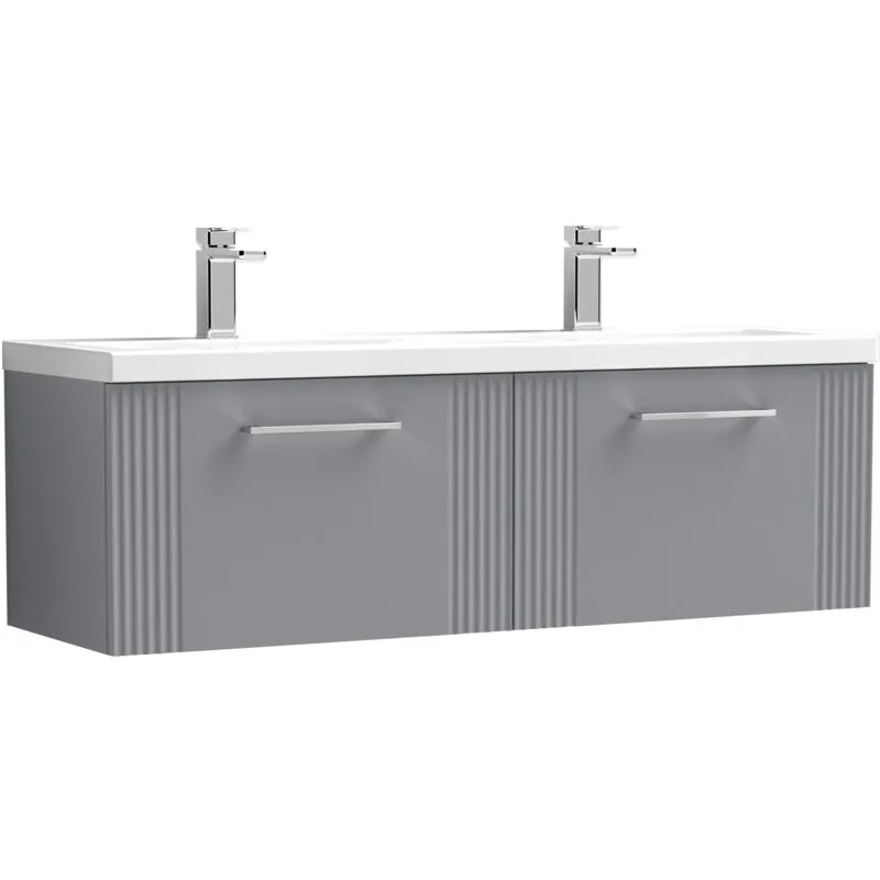 Balterley Partial Fluted 2 Drawer Wall Hung Vanity Unit with Double Ceramic Basin - 1200mm - Satin Grey