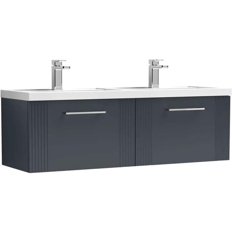 Balterley Partial Fluted 2 Drawer Wall Hung Vanity Unit with Double Polymarble Basin - 1200mm - Satin Dark Grey