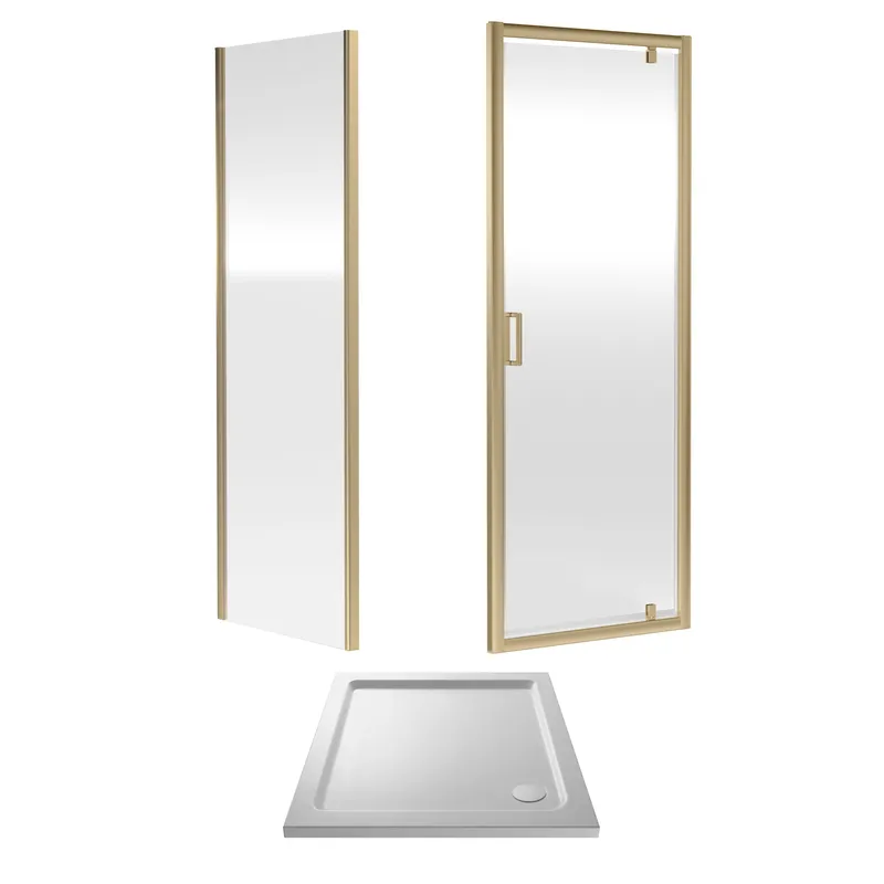 Balterley Ruwa Pivot Suite & 6mm Glass 800x800mm Tray, Door & Side Panel Brass in Metallics Metallics