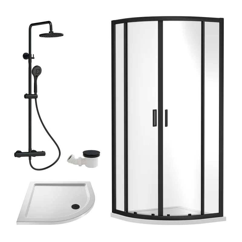Balterley Ruwa Quadrant Bundle: Door, Tray, Round Kit Waste 900mm White/Chrome in Black Black
