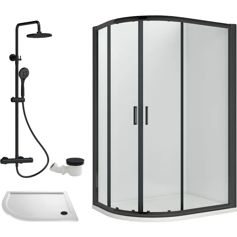 Balterley Ruwa Quadrant Offset Left Bundle: Tray, Round Kit & Waste, 1000 x 800 mm White/Black