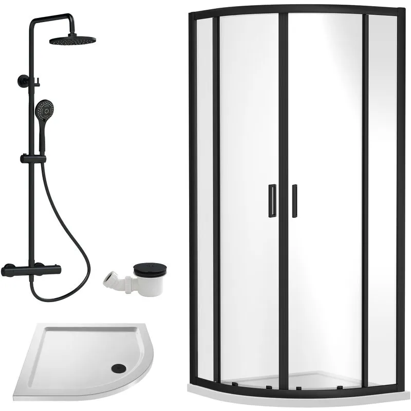 Balterley Ruwa Quadrant Bundle: Door, Tray, Round Kit, Waste 800mm White/Black in Black Black