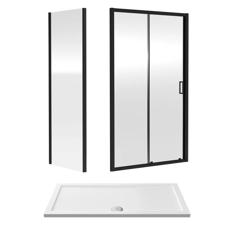 Balterley Ruwa Sliding Shower Suite: 6mm Glass Tray Door Panel 1400x700mm Black Black