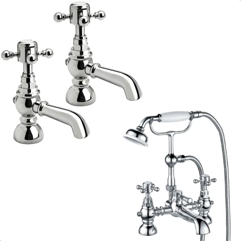 Balterley Crosshead Basin Pillar Taps & Bath Shower Mixer with Kit - Chrome in Silver Silver