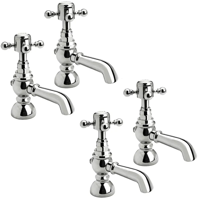 Balterley Traditional Crosshead Basin Pillar Taps & Bath Taps Set - Chrome in Silver Silver