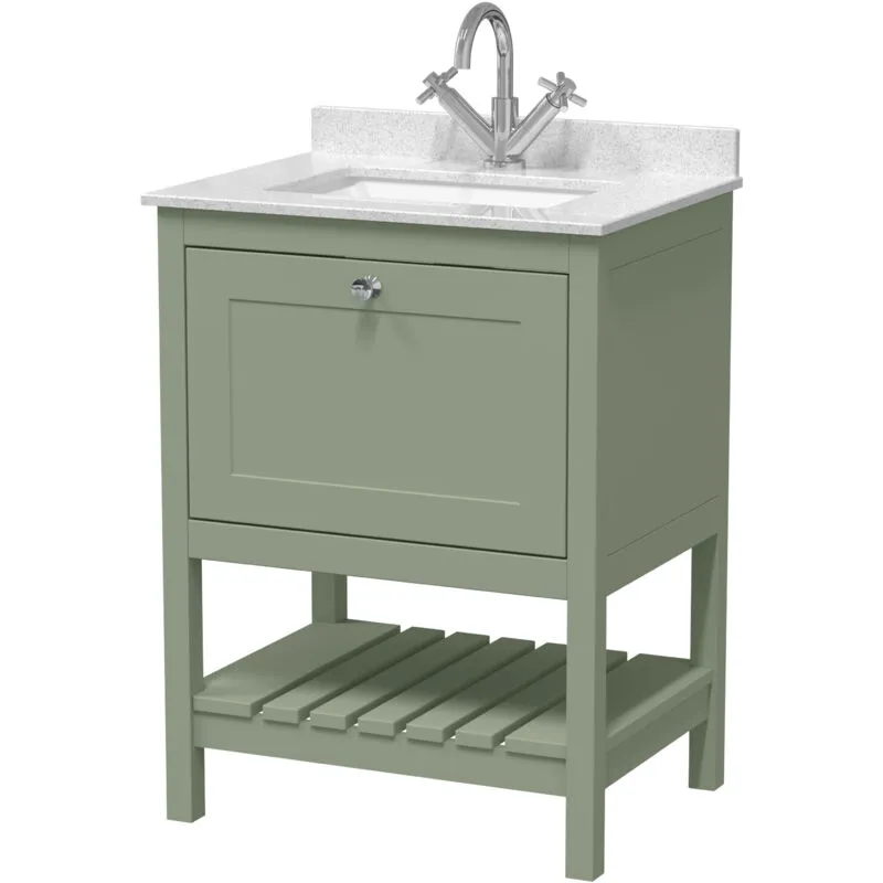 Balterley Traditional Furniture Floor Standing 1 Drawer Vanity & 1 Tap Hole Marble Worktop & Basin, 600mm, Fern Green
