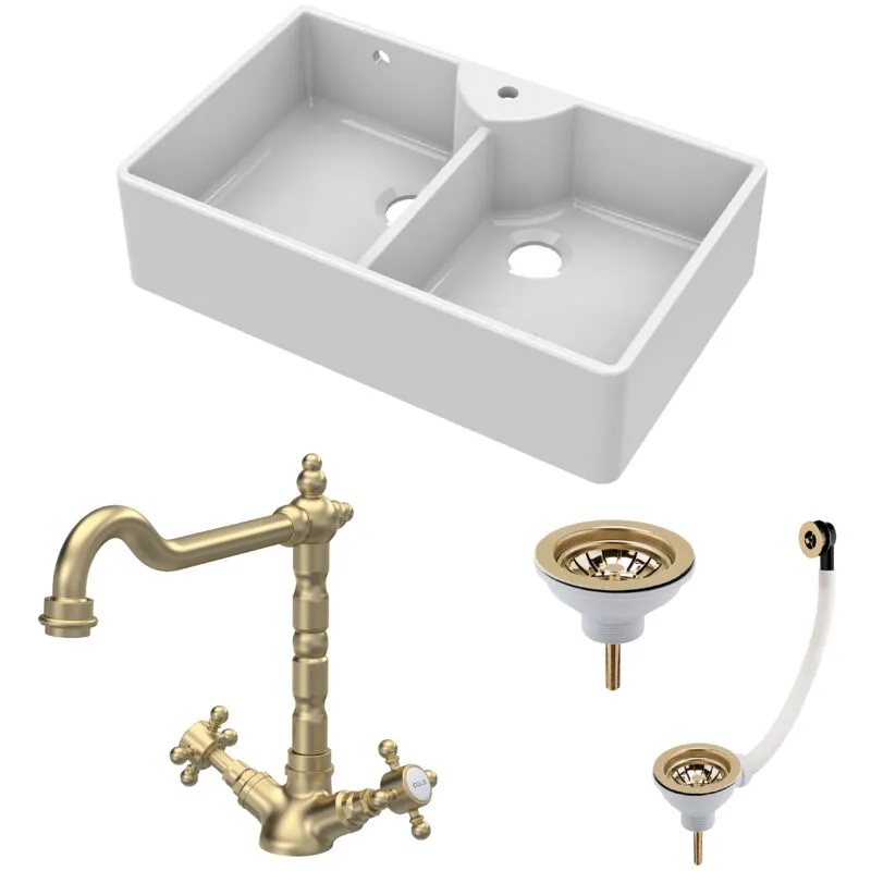 Fireclay Kitchen Bundle - Double Bowl 1 Tap Hole Butler Sink & Tap Hole, Wastes & Classic Tap, 895mm - Brushed Brass Balterley