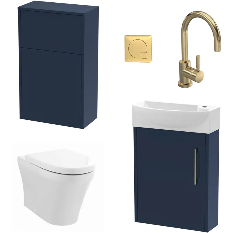 Power Cloakroom Bundle - Left Wall Hung Vanity Unit, Concealed Cistern wc Unit, Toilet & Tap, 440mm - Blue/Brass Balterley