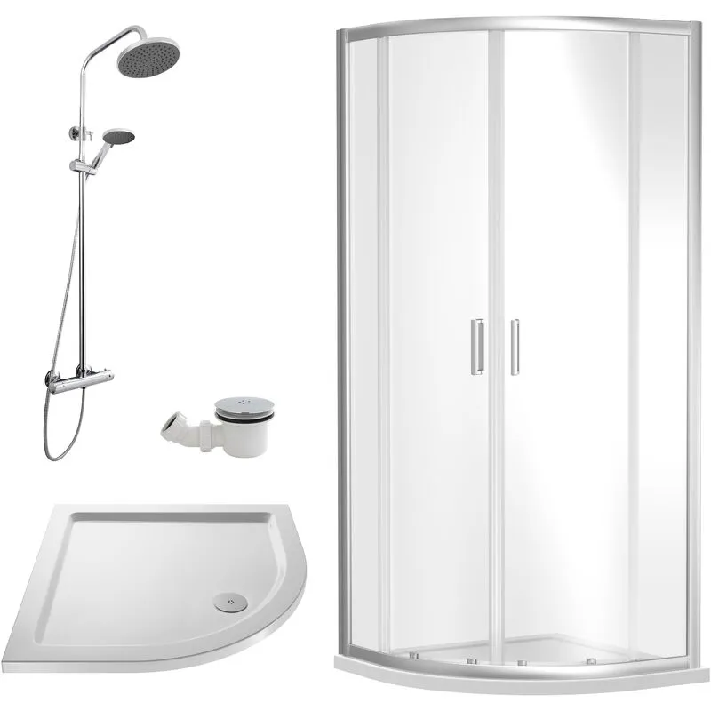 Balterley Ruwa Quadrant Bundle: Door, Tray, Round Kit, Waste 900mm White/Chrome in Silver Silver