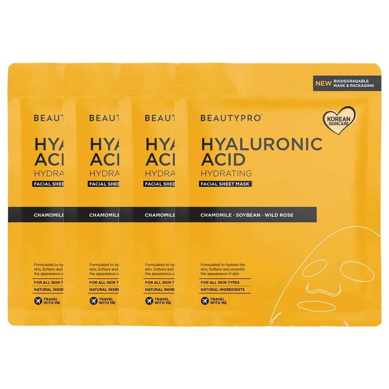 Beautypro Hyaluronic Acid Hydrating Sheet Mask - Pack Of 4 in Bright Yellow - Bright Yellow