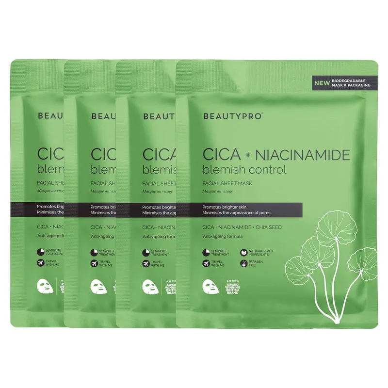 Beautypro Cica + Niacinamide Blemish Control Sheet Mask - Pack Of 4 in Bright Green - Bright Green