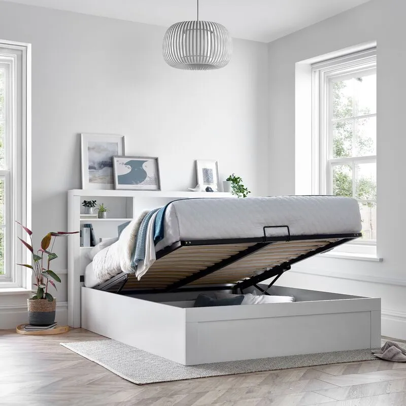 Bedmaster Arizona White Wooden Bookcase Ottoman Storage Bed Double