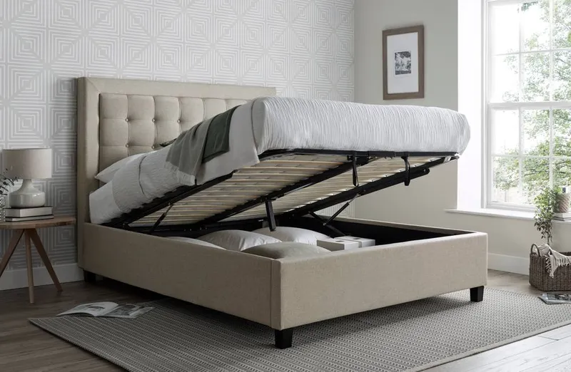 Bedmaster Unisex Brandon Fabric Ottoman Bed & Majestic 1000 Pocket Sprung Mattress in Light Brown Size: Double Light Brown female