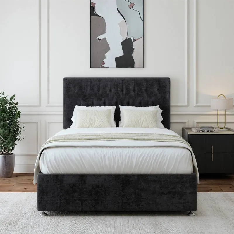 Bedmaster Luxury Velvet 4 Drawer Divan Base & Button Headboard in Black Size: Double - Black