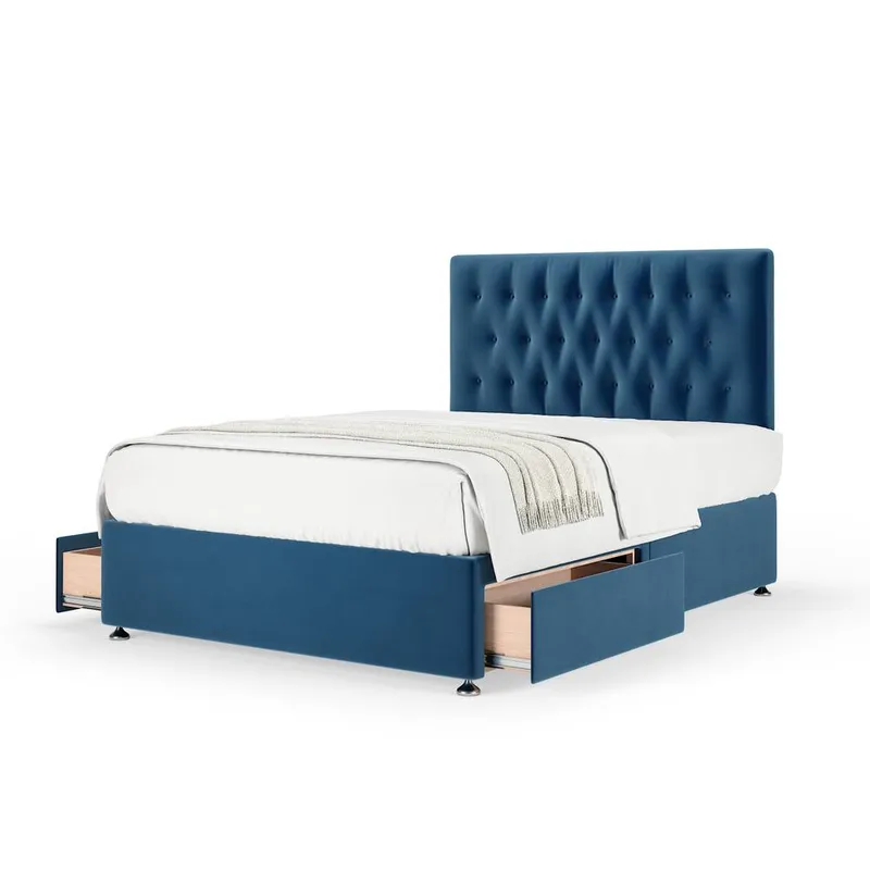 Bedmaster Plush Velvet 2 Drawer Divan Base & Button Headboard in Blue Size: King - Blue - Size: King