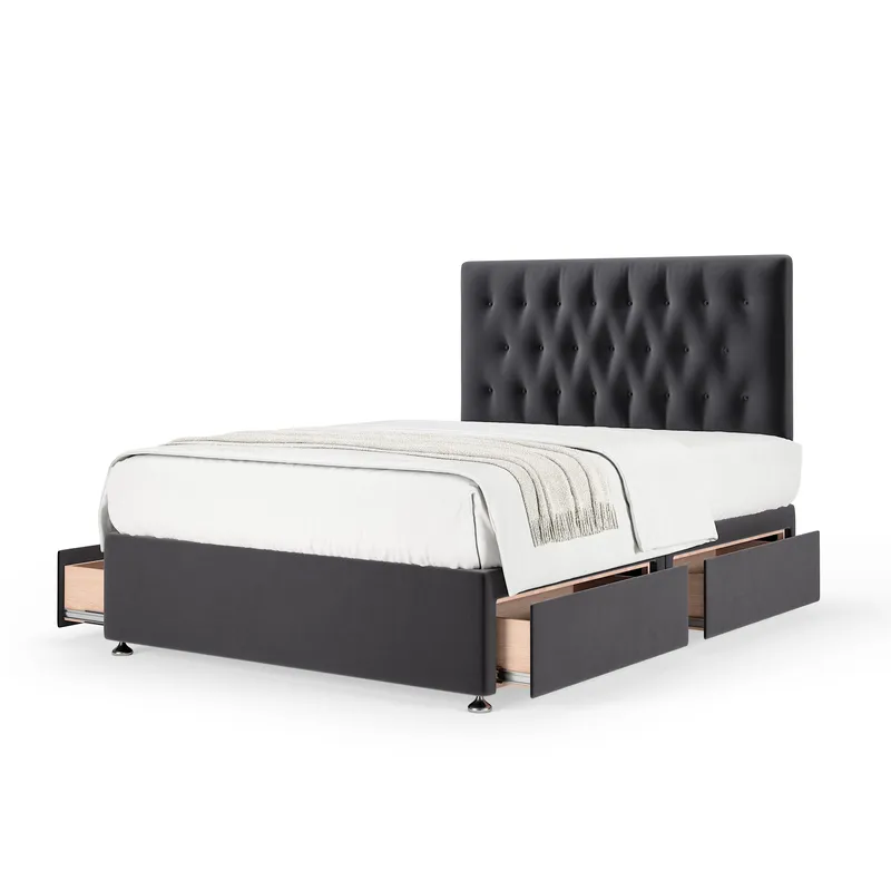Bedmaster Plush Velvet 4 Drawer Divan Base & Button Headboard in Grey Size: Small Double - Grey