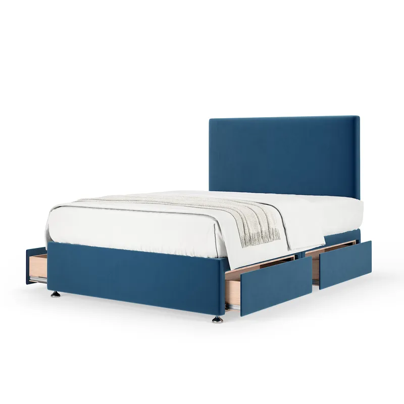 Bedmaster Plush Velvet 4 Drawer Divan Base & Plain Headboard in Blue Size: Double - Blue