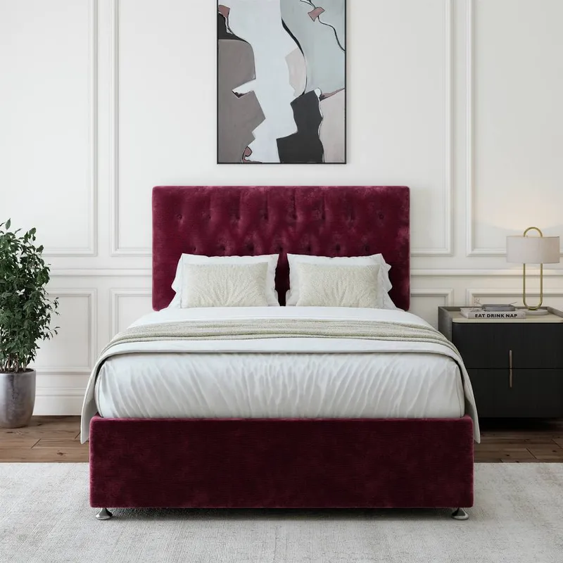 Bedmaster Chenille Divan Base & Button Headboard in Aubergine Size: Super King - Aubergine - Size: Super King