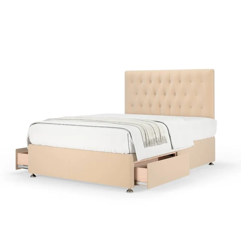 Bedmaster Unisex Plush Velvet 2 Drawer Divan Base & Button Headboard in Natural Size: Small Double Natural Small Double female