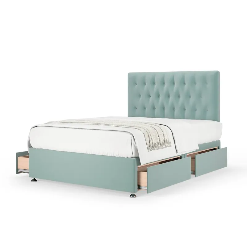Bedmaster Unisex Plush Velvet 4 Drawer Divan Base & Button Headboard in Duck Egg Blue Size: Double Duck Egg Blue female