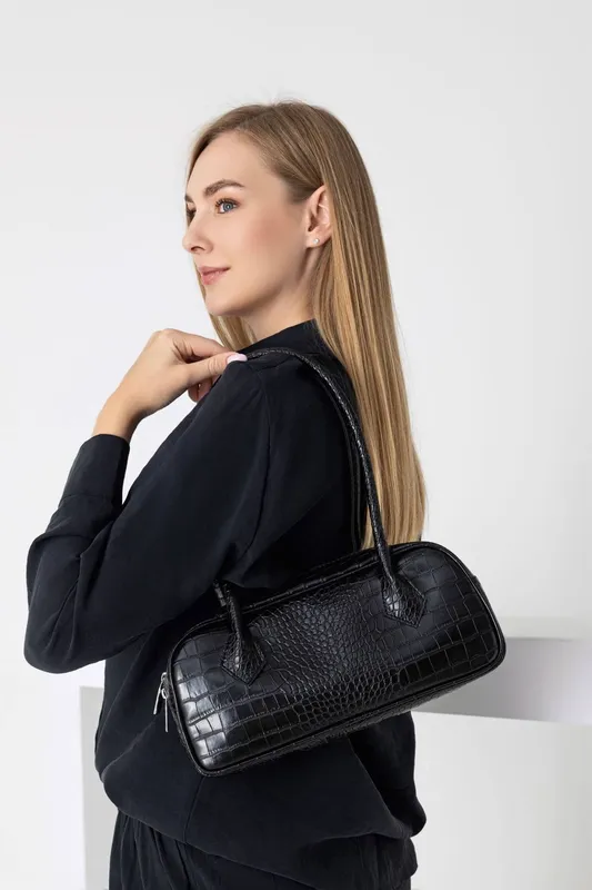 Belissh Women's Croc Pu Leather Shoulder Bag in Black - Black